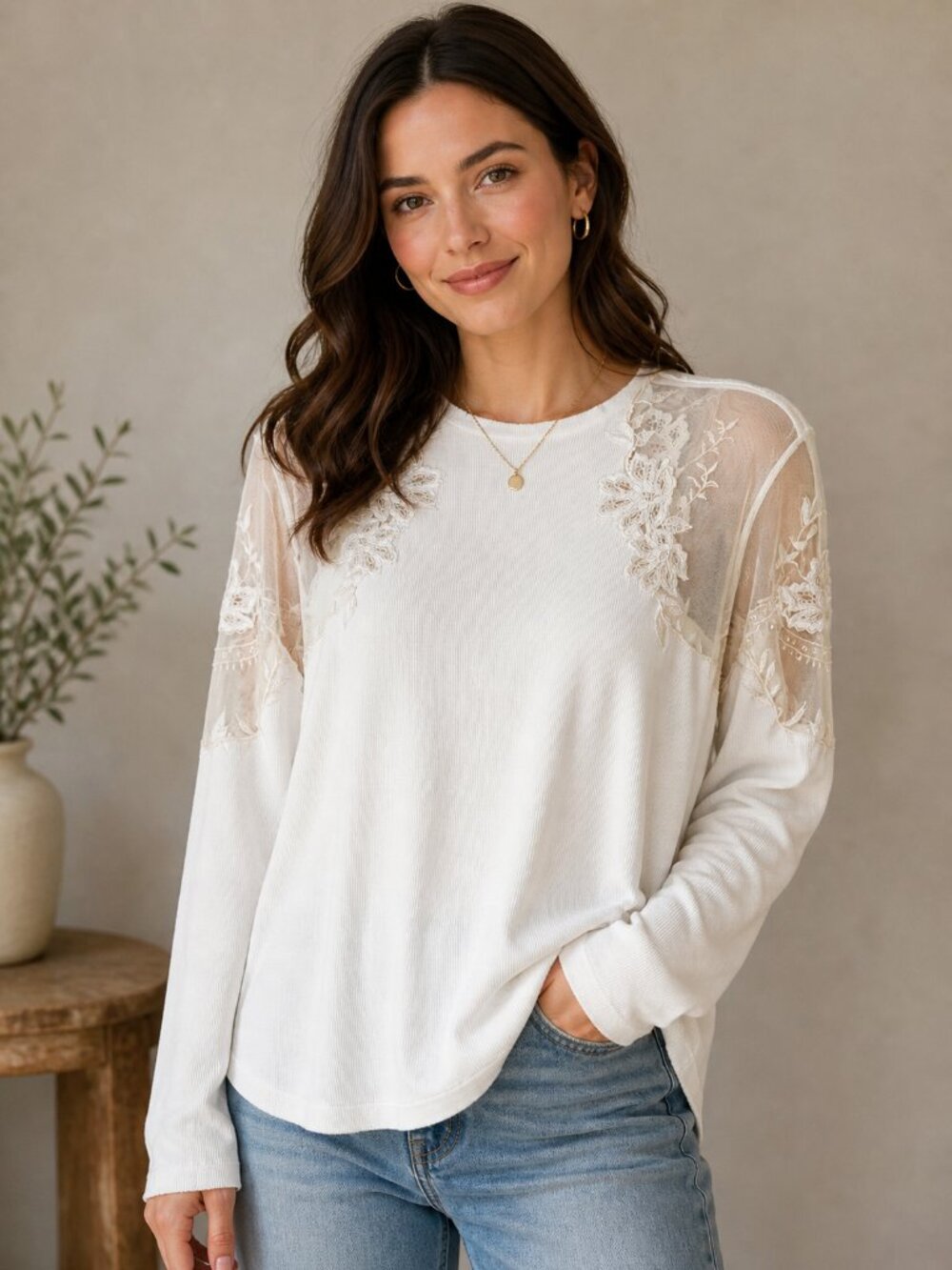 Free People Ivory Lace Shoulder Ribbed Knit Top Long Sleeve Boho Size S